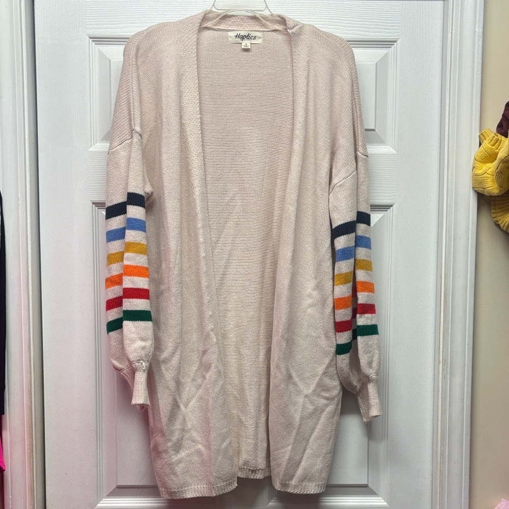 Haptics Striped Sleeve Cream with Stripes on Sleeves Open Front Cardigan